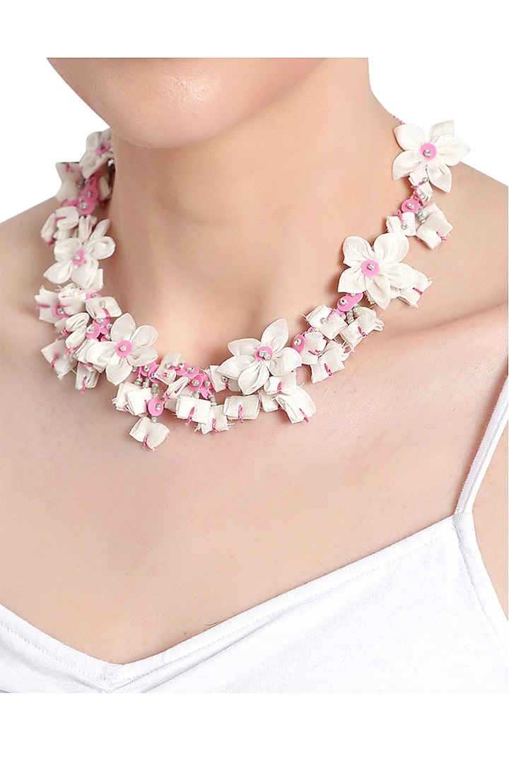 White & Pink Pearl Embellished Handcrafted Necklace Set by KIHOY at Pernia's Pop Up Shop