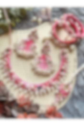 White & Pink Pearl Embellished Handcrafted Necklace Set by KIHOY at Pernia's Pop Up Shop