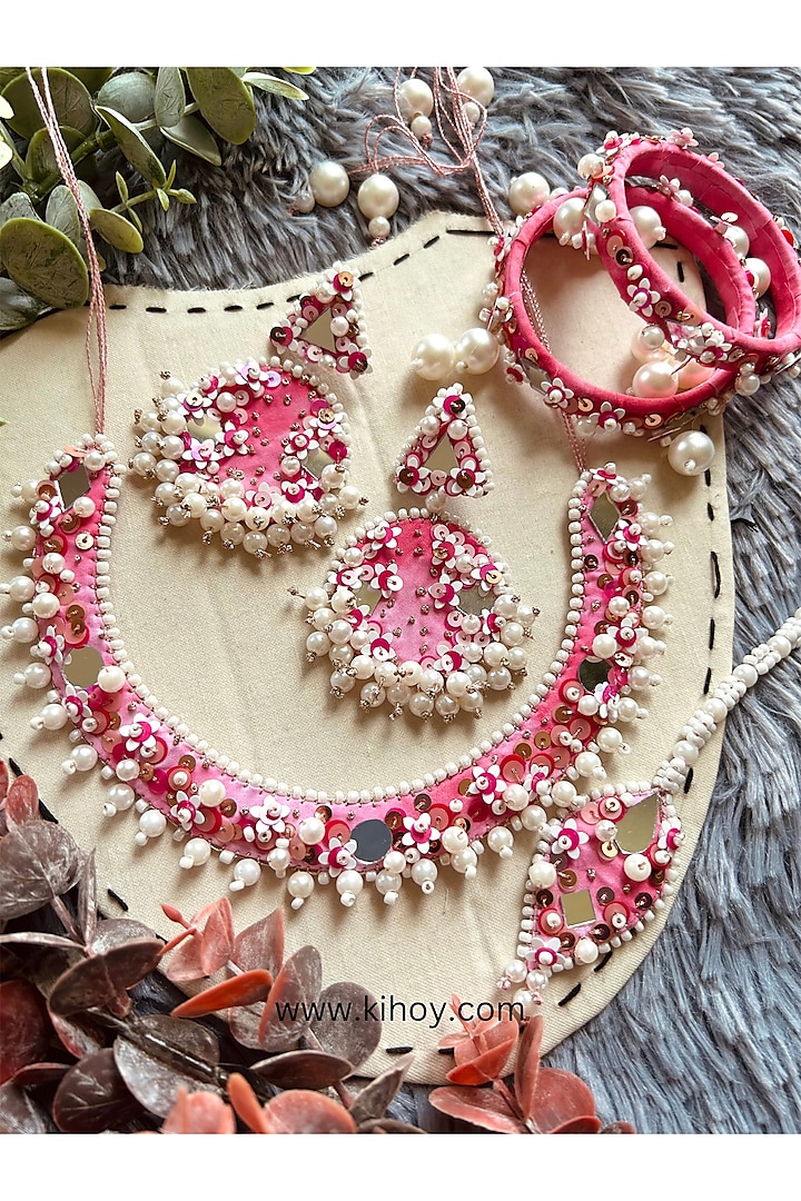 White & Pink Pearl Embellished Handcrafted Necklace Set by KIHOY at Pernia's Pop Up Shop