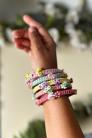 Multi-Colored Hand Embroidered Bangles (Set Of 5) by KIHOY