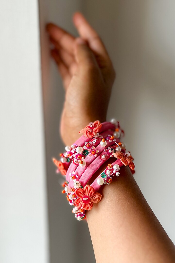 Pink Floral Hand Embroidered Bangles (Set Of 5) by KIHOY at Pernia's Pop Up Shop