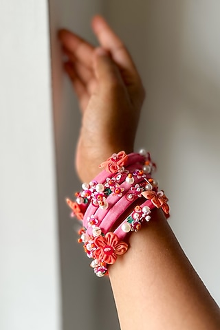 Pink Floral Hand Embroidered Bangles (Set Of 5) by KIHOY