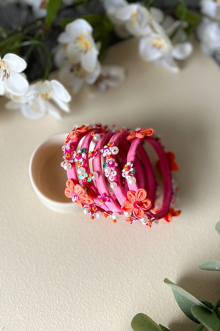 Pink Floral Hand Embroidered Bangles (Set Of 5) by KIHOY at Pernia's Pop Up Shop