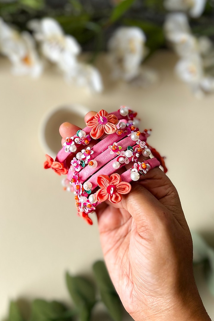 Pink Floral Hand Embroidered Bangles (Set Of 5) by KIHOY at Pernia's Pop Up Shop