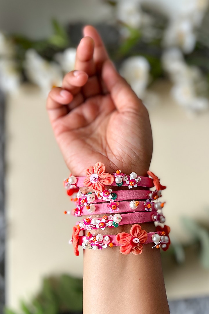 Pink Floral Hand Embroidered Bangles (Set Of 5) by KIHOY at Pernia's Pop Up Shop