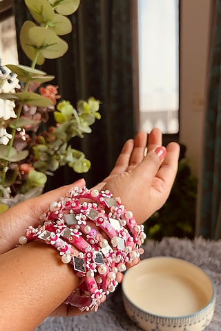 Pink Pearl & Sequins Hand Embroidered Bangles (Set Of 5) by KIHOY