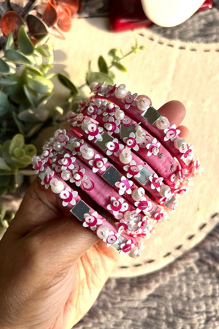 Pink Pearl & Sequins Hand Embroidered Bangles (Set Of 5) by KIHOY at Pernia's Pop Up Shop