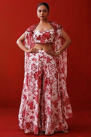 Red Crepe Printed Shrug Set by Kisakshi Jaipur