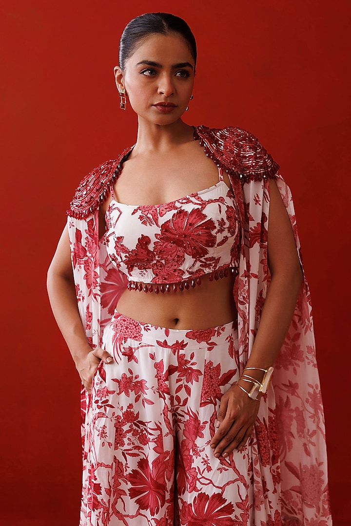 Red Crepe Printed Shrug Set by Kisakshi Jaipur at Pernia's Pop Up Shop