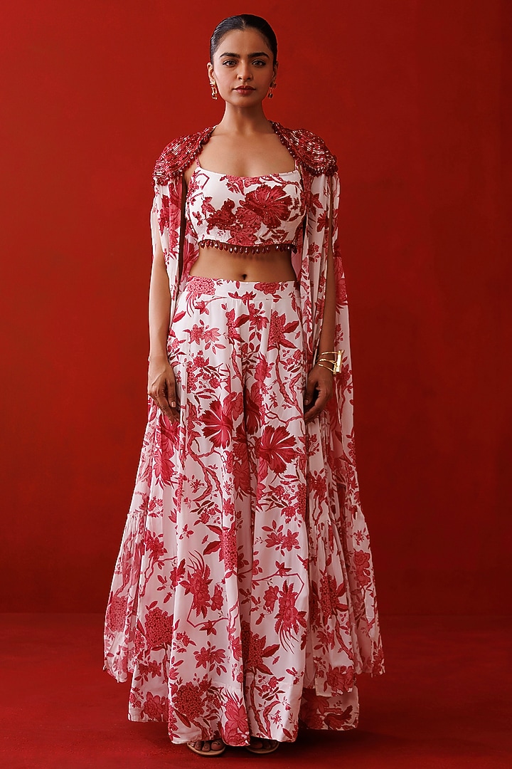 Red Crepe Printed Shrug Set by Kisakshi Jaipur at Pernia's Pop Up Shop