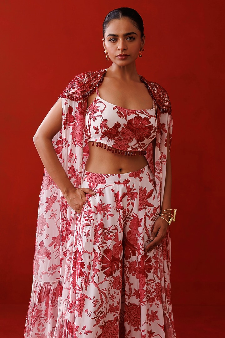 Red Crepe Printed Shrug Set by Kisakshi Jaipur at Pernia's Pop Up Shop
