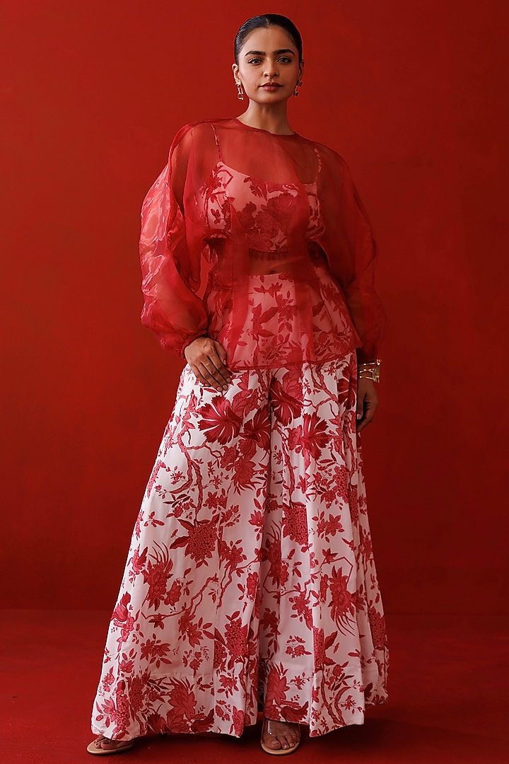 Red & White Crepe Printed Palazzo Pant Set by Kisakshi Jaipur at Pernia's Pop Up Shop