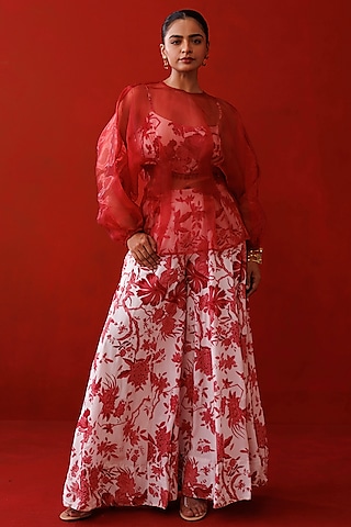 Red & White Crepe Printed Palazzo Pant Set by Kisakshi Jaipur