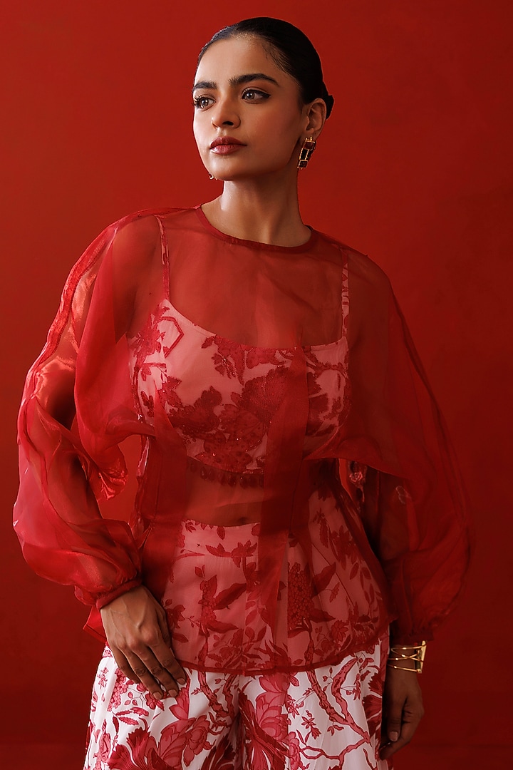 Red & White Crepe Printed Palazzo Pant Set by Kisakshi Jaipur at Pernia's Pop Up Shop
