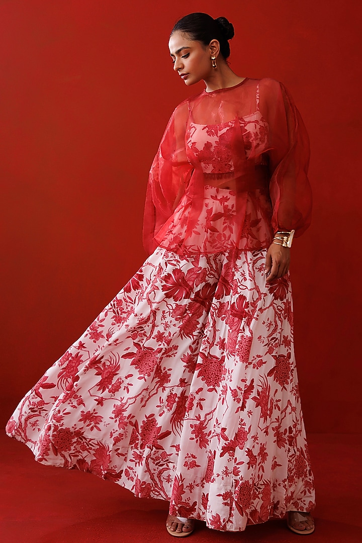 Red & White Crepe Printed Palazzo Pant Set by Kisakshi Jaipur at Pernia's Pop Up Shop