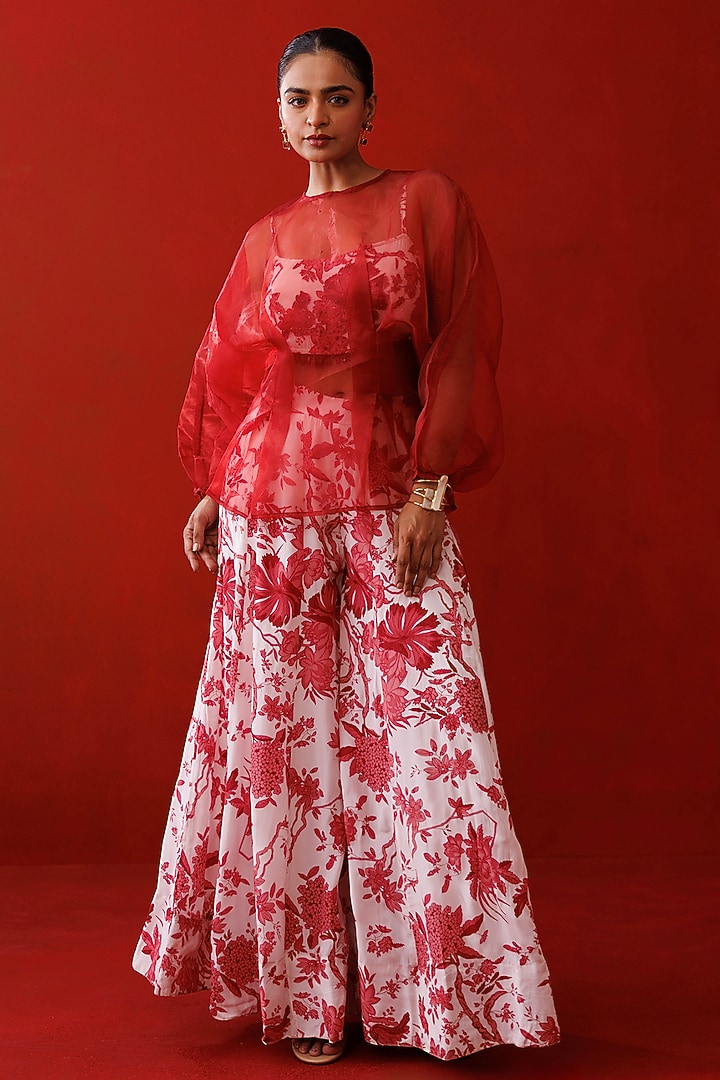 Red & White Crepe Printed Palazzo Pant Set by Kisakshi Jaipur at Pernia's Pop Up Shop