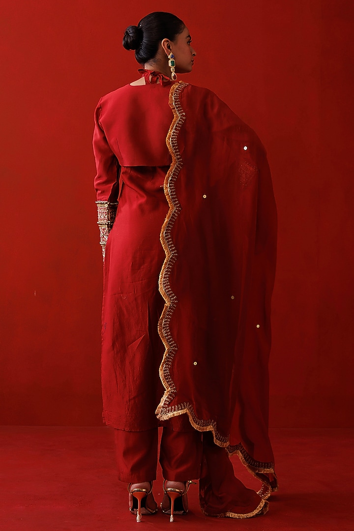 Rustic Red Chanderi & Organza Hand Embroidered Kurta Set by Kisakshi Jaipur at Pernia's Pop Up Shop