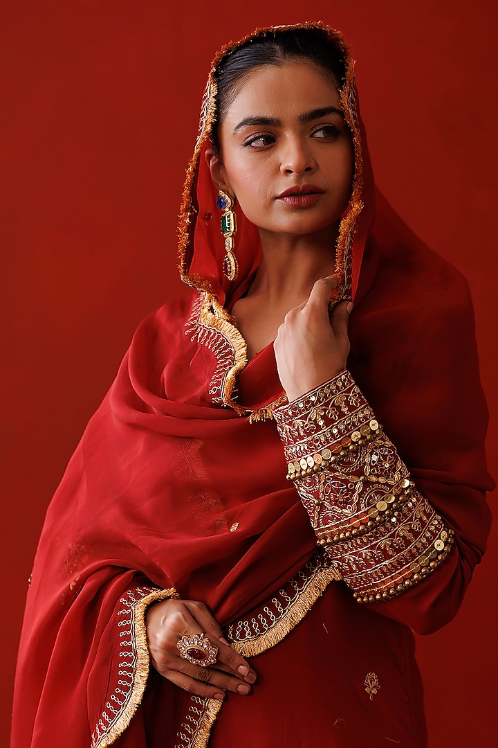 Rustic Red Chanderi & Organza Hand Embroidered Kurta Set by Kisakshi Jaipur at Pernia's Pop Up Shop
