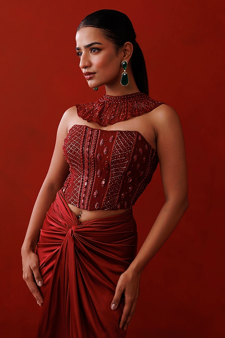 Maroon Satin & Organza Embroidered Cape Set by Kisakshi Jaipur at Pernia's Pop Up Shop