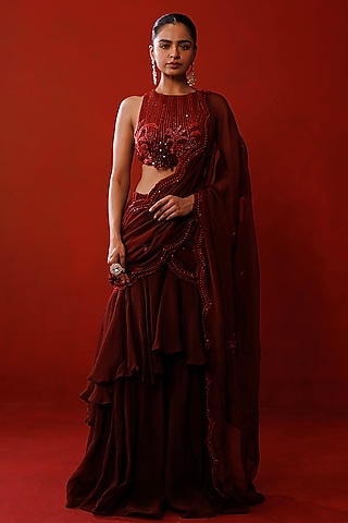 Maroon Organza Ruffled Saree Set by Kisakshi Jaipur