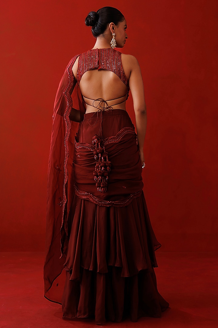 Maroon Organza Ruffled Wedding Saree Set by Kisakshi Jaipur at Pernia's Pop Up Shop