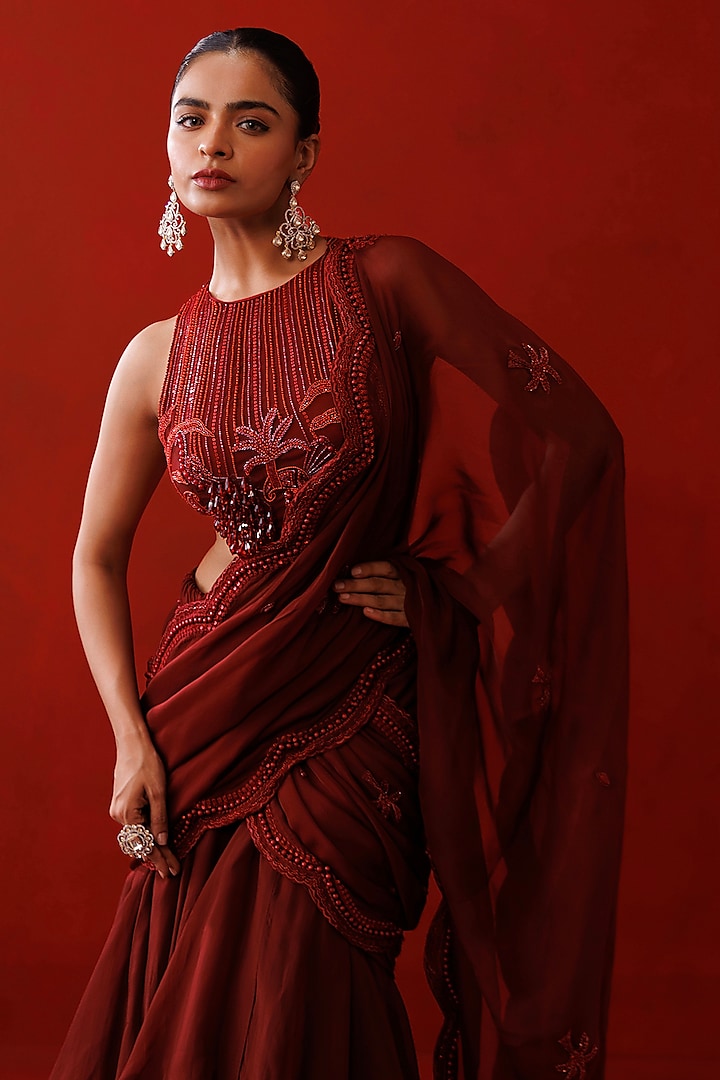 Maroon Organza Ruffled Wedding Saree Set by Kisakshi Jaipur at Pernia's Pop Up Shop