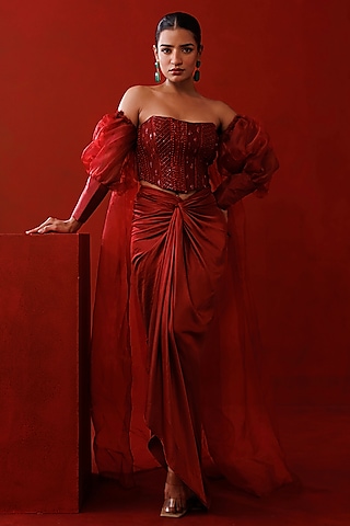 Maroon Satin & Organza Embroidered Shrug Set by Kisakshi Jaipur