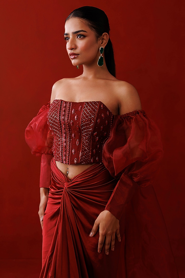 Maroon Satin & Organza Embroidered Shrug Set by Kisakshi Jaipur at Pernia's Pop Up Shop