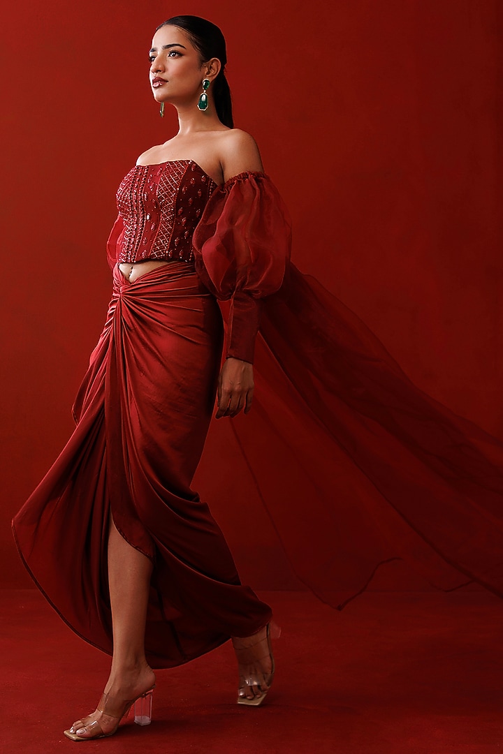 Maroon Satin & Organza Embroidered Shrug Set by Kisakshi Jaipur at Pernia's Pop Up Shop
