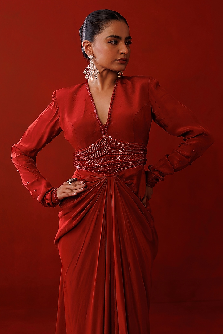 Rustic Red Crepe Bead Embroidered Vacation Dress by Kisakshi Jaipur at Pernia's Pop Up Shop