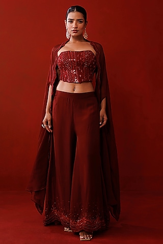 Maroon Organza Embroidered Shrug Set by Kisakshi Jaipur