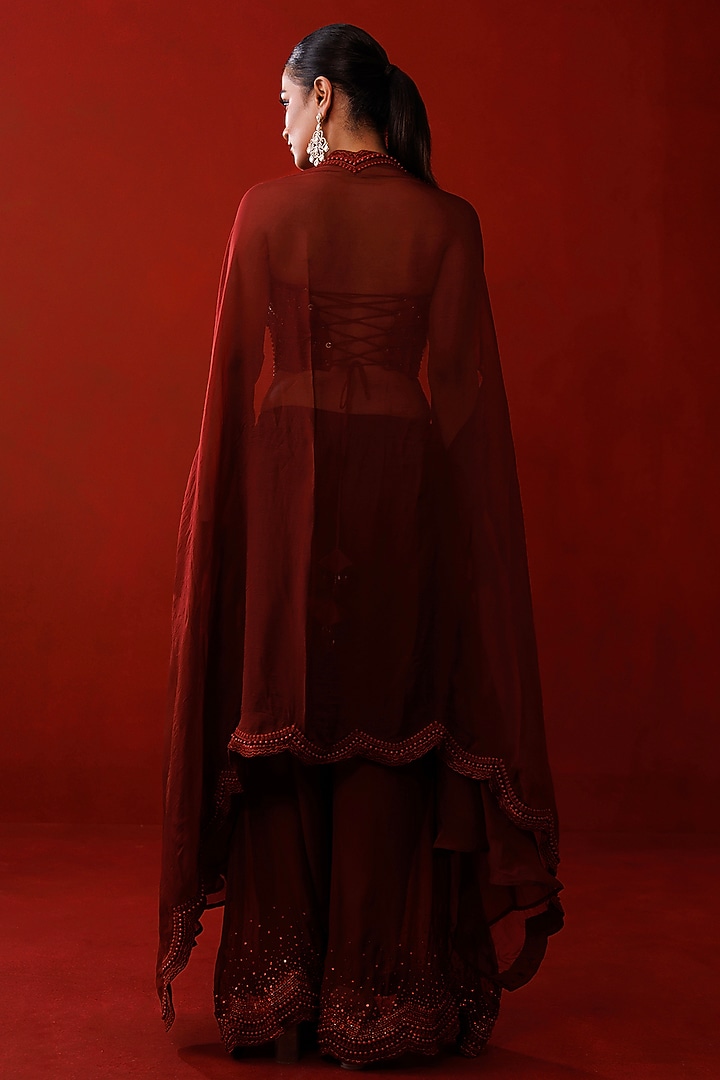 Maroon Organza Embroidered Shrug Set by Kisakshi Jaipur at Pernia's Pop Up Shop
