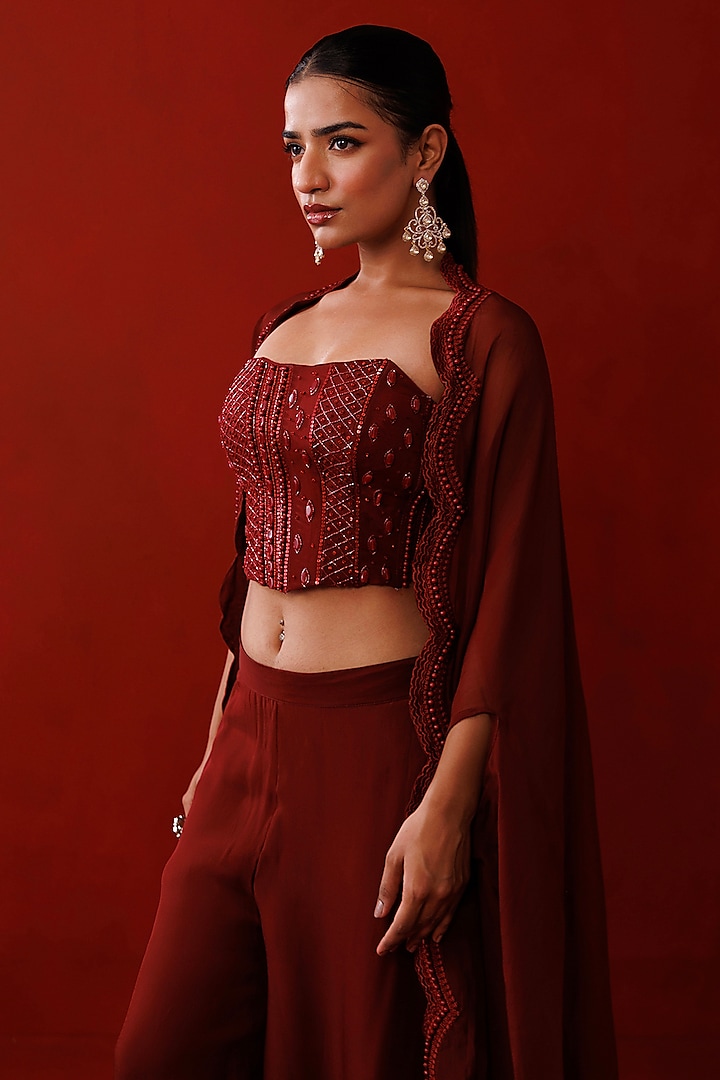 Maroon Organza Embroidered Shrug Set by Kisakshi Jaipur at Pernia's Pop Up Shop