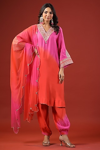 Pink & Orange Chanderi Thread Embroidered Ombre A-Line Kurta Set by Kisakshi Jaipur