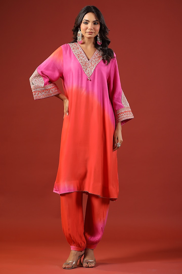 Pink & Orange Chanderi Thread Embroidered Ombre A-Line Kurta Set by Kisakshi Jaipur at Pernia's Pop Up Shop