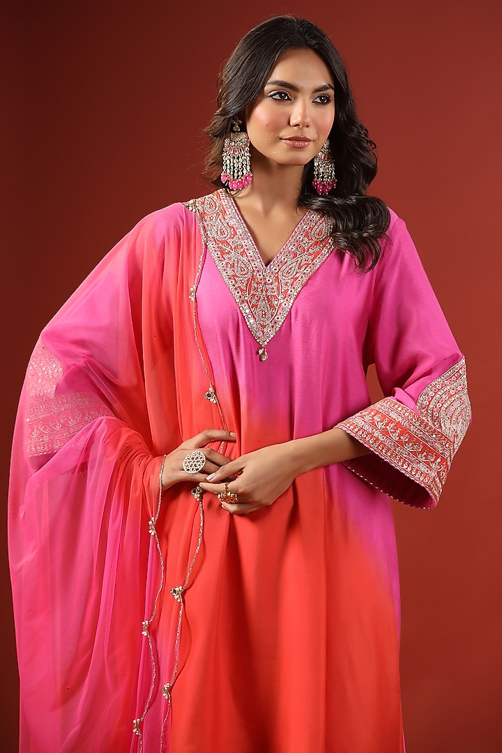 Pink & Orange Chanderi Thread Embroidered Ombre A-Line Kurta Set by Kisakshi Jaipur at Pernia's Pop Up Shop