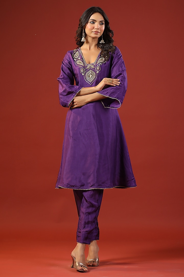 Purple Uppada Silk Hand Embroidered A-Line Kurta Set by Kisakshi Jaipur at Pernia's Pop Up Shop