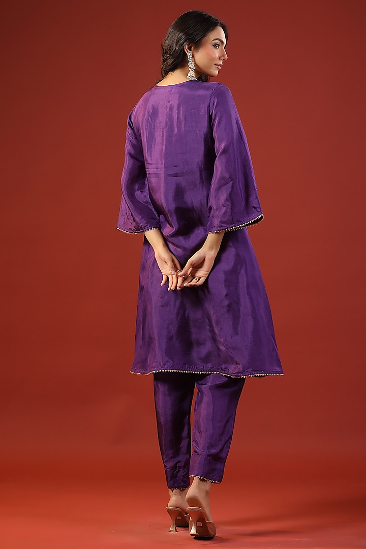 Purple Uppada Silk Hand Embroidered A-Line Kurta Set by Kisakshi Jaipur at Pernia's Pop Up Shop