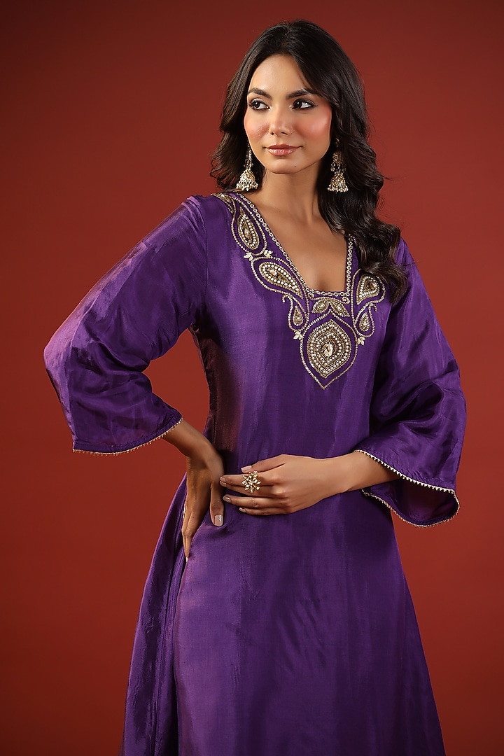 Purple Uppada Silk Hand Embroidered A-Line Kurta Set by Kisakshi Jaipur at Pernia's Pop Up Shop