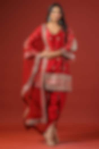 Rustic Red Chanderi & Net Thread Embroidered Kurta Set by Kisakshi Jaipur at Pernia's Pop Up Shop