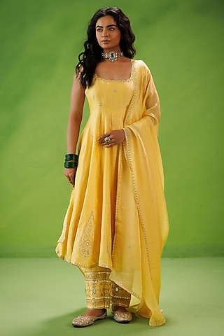 Yellow Chanderi Zari Embroidered Anarkali Set by Kisakshi Jaipur