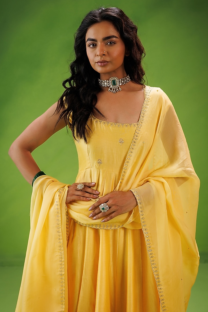 Yellow Chanderi Zari Embroidered Party Wear Anarkali Set by Kisakshi Jaipur at Pernia's Pop Up Shop