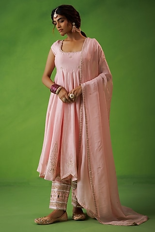 Pink Chanderi Zari Embroidered Anarkali Set by Kisakshi Jaipur
