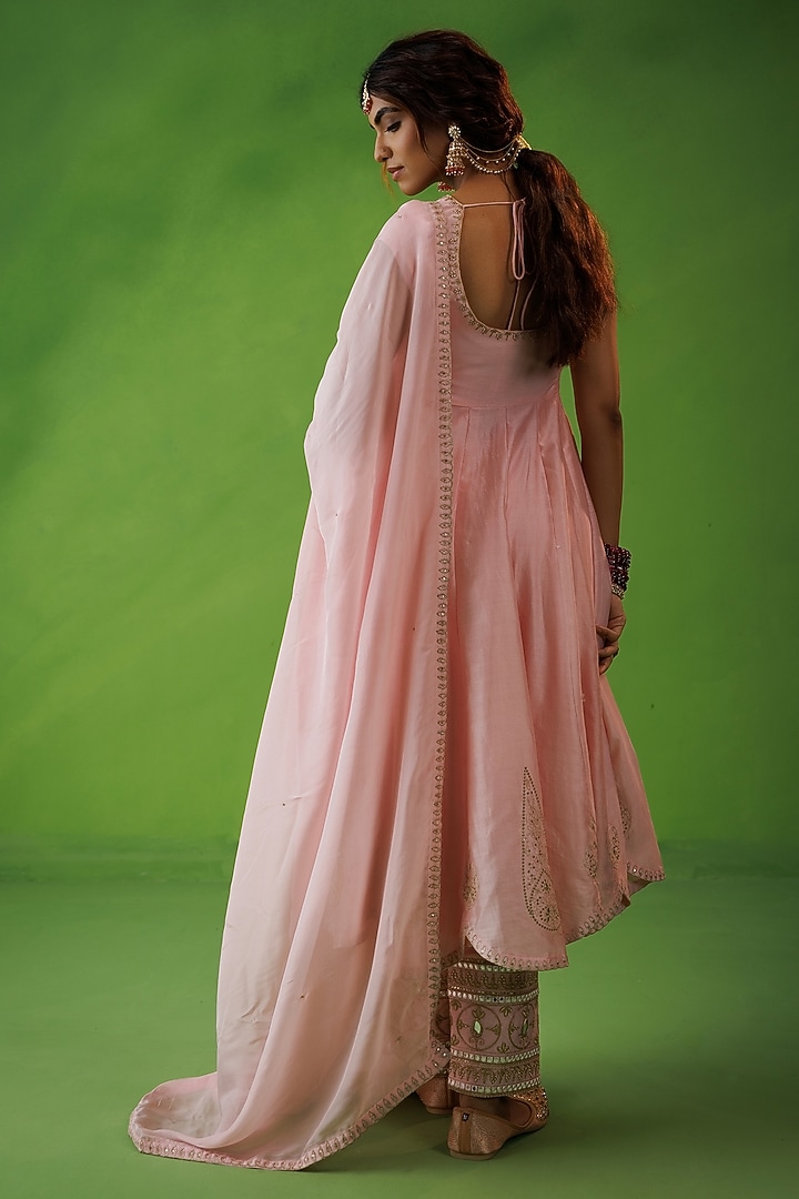 Pink Chanderi Zari Embroidered Party Wear Anarkali Set by Kisakshi Jaipur at Pernia's Pop Up Shop