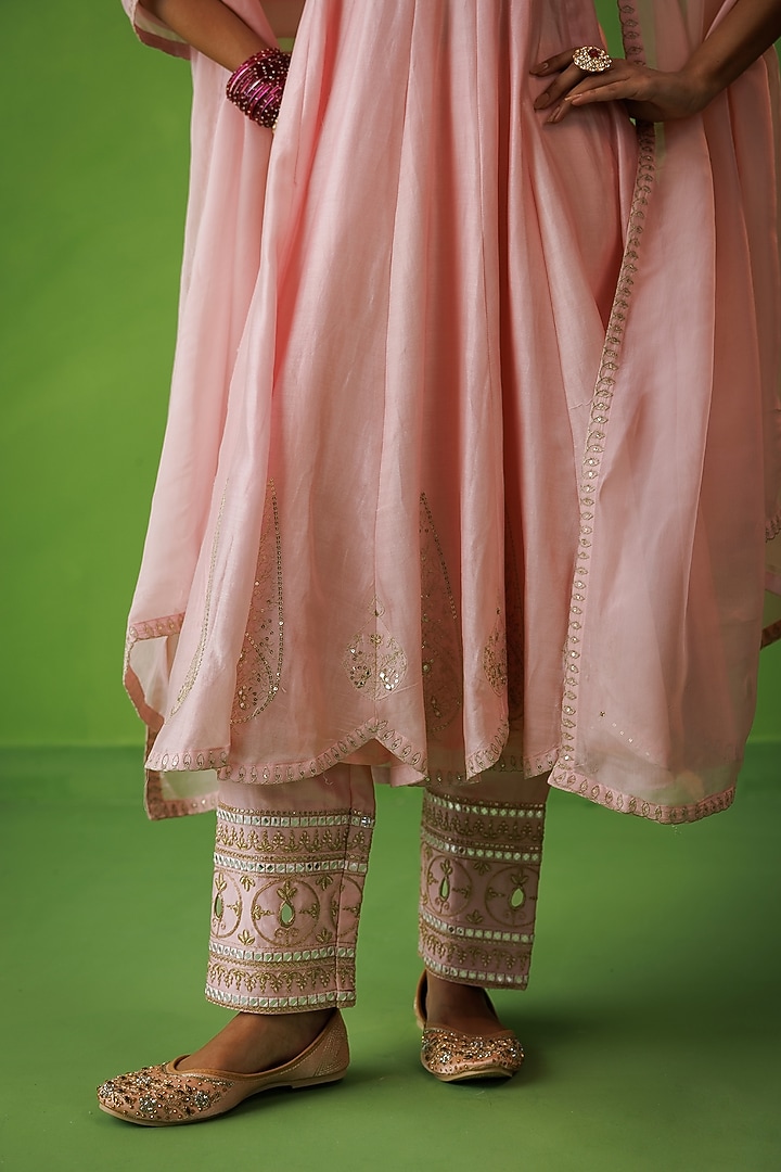 Pink Chanderi Zari Embroidered Party Wear Anarkali Set by Kisakshi Jaipur at Pernia's Pop Up Shop