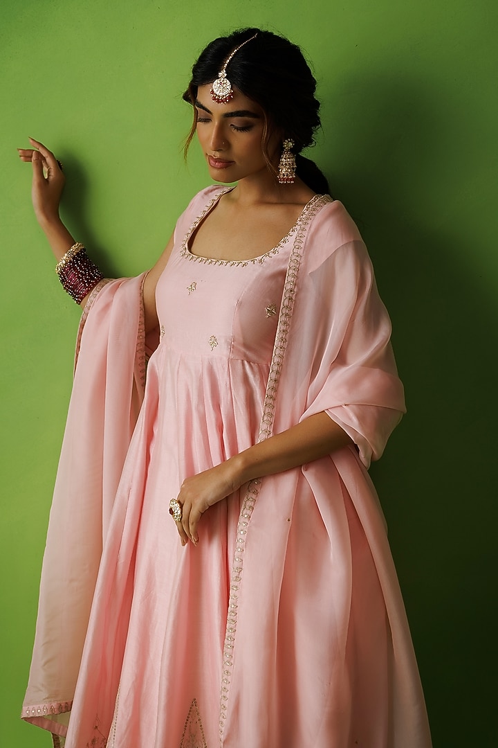 Pink Chanderi Zari Embroidered Party Wear Anarkali Set by Kisakshi Jaipur at Pernia's Pop Up Shop