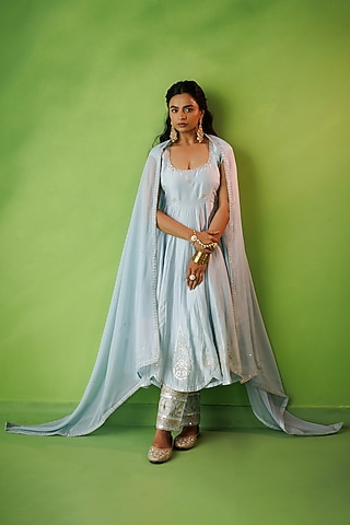Powder Blue Chanderi Zari Embroidered Anarkali Set by Kisakshi Jaipur