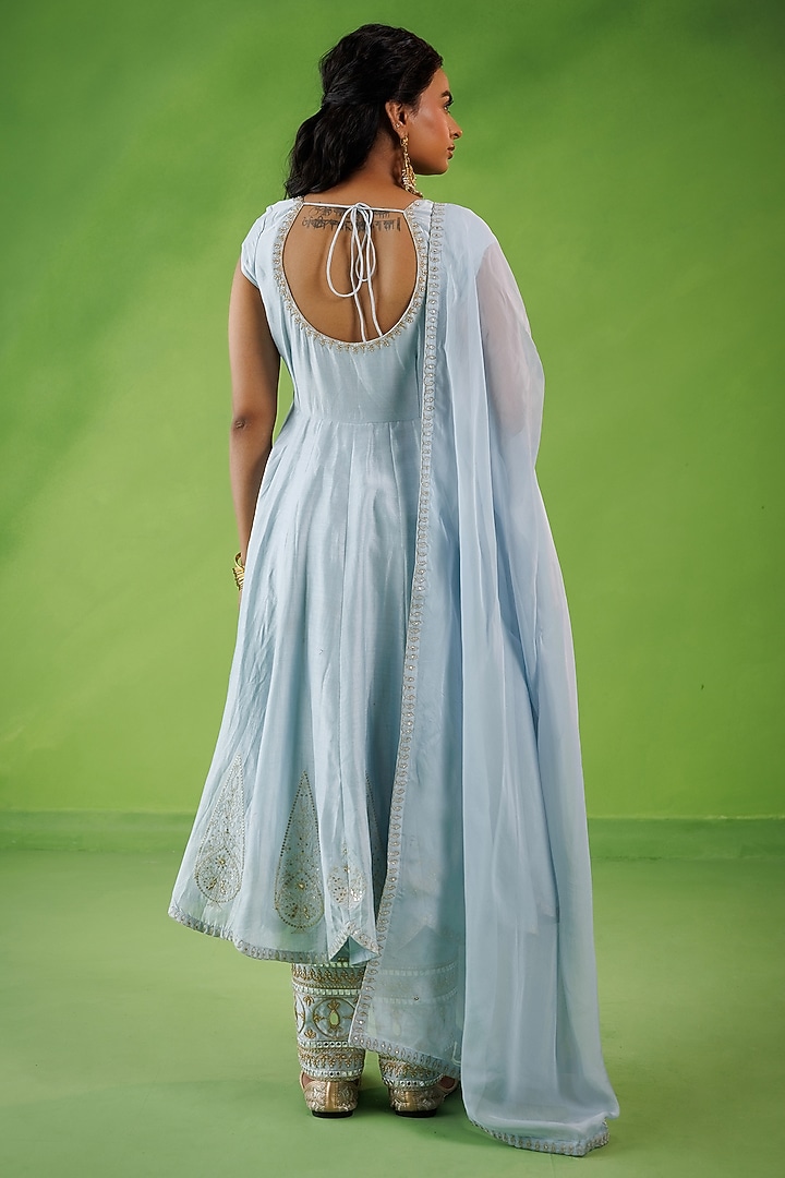 Powder Blue Chanderi Zari Embroidered Party Wear Anarkali Set by Kisakshi Jaipur at Pernia's Pop Up Shop