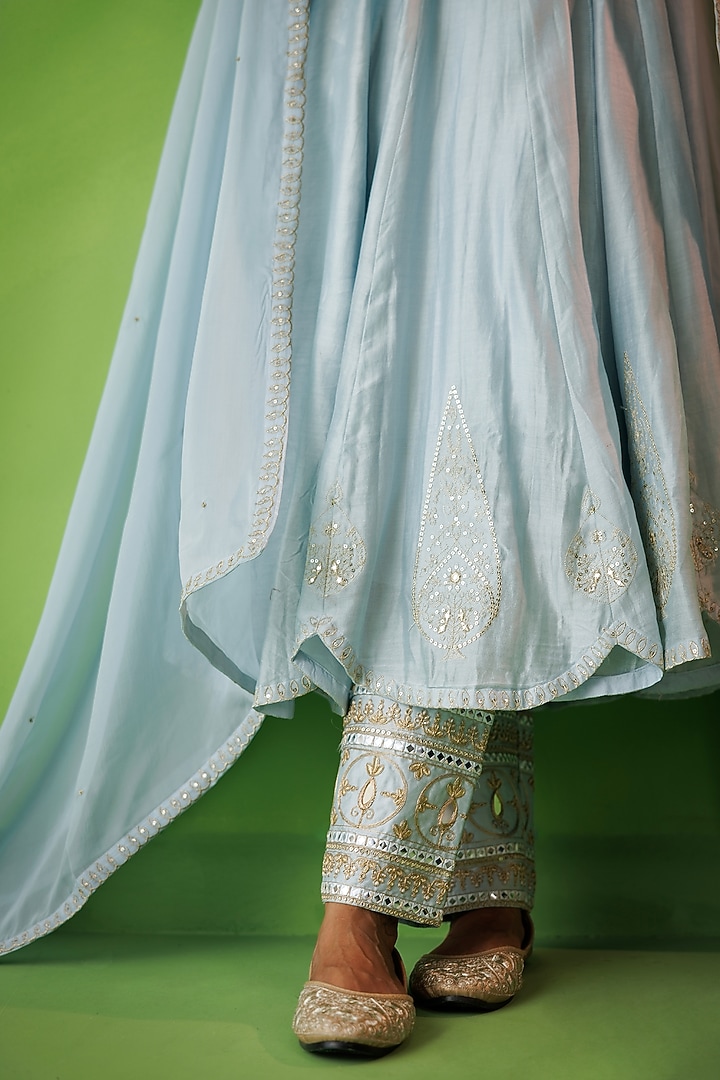 Powder Blue Chanderi Zari Embroidered Party Wear Anarkali Set by Kisakshi Jaipur at Pernia's Pop Up Shop