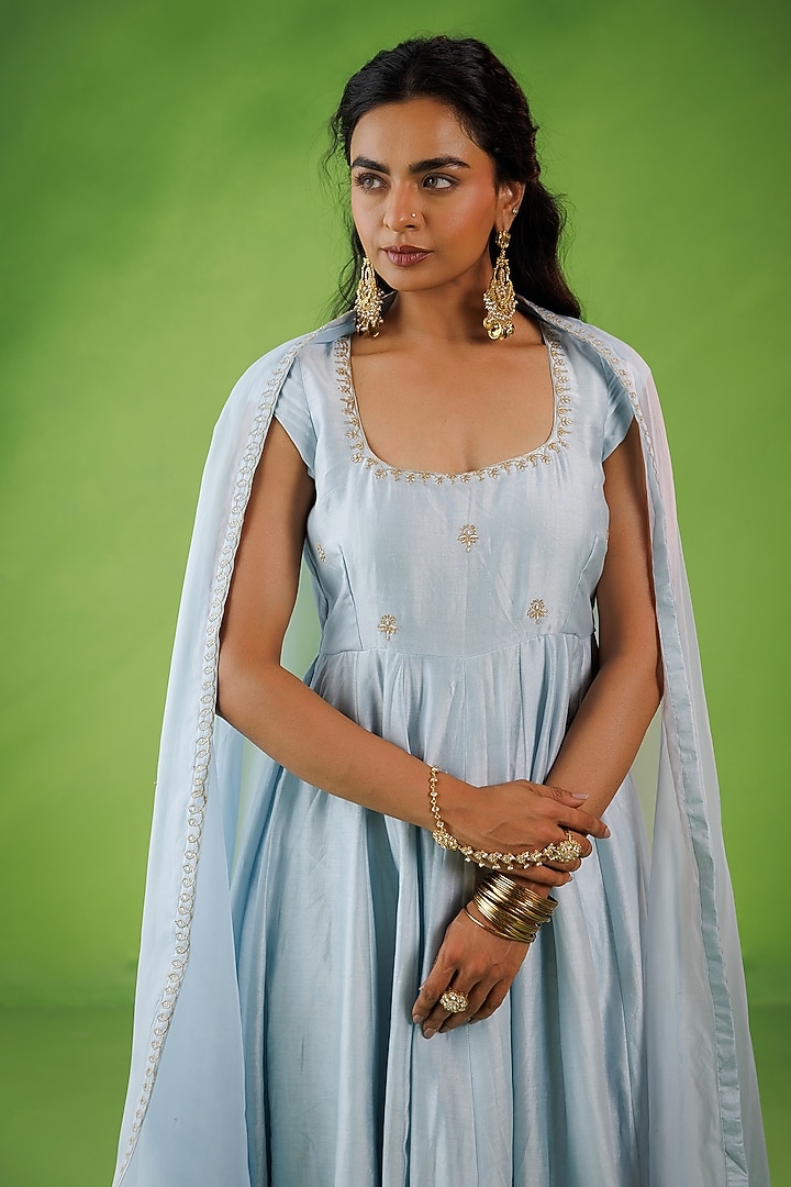 Powder Blue Chanderi Zari Embroidered Party Wear Anarkali Set by Kisakshi Jaipur at Pernia's Pop Up Shop